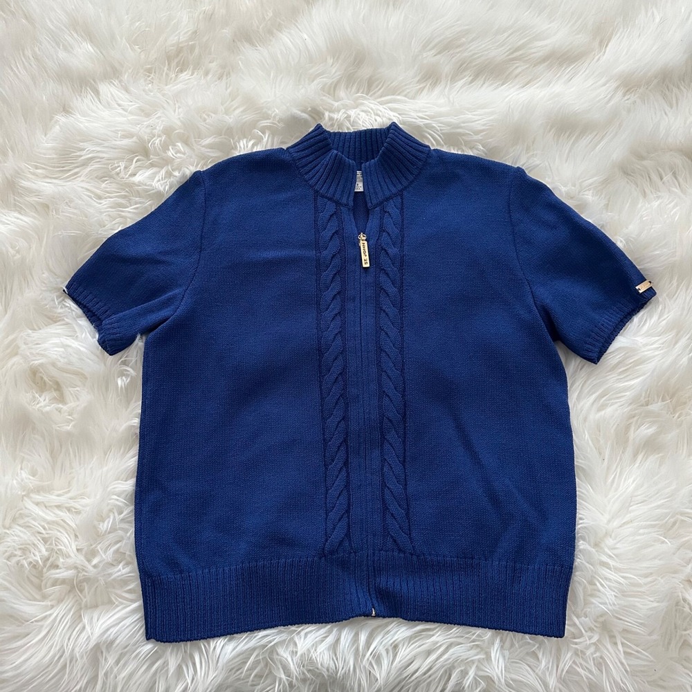 St. John Sport‎ Knit short sleeve Jacket P Petite Blue Zip Up Wool Blend